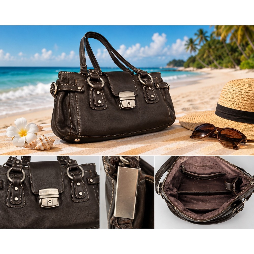 Perlina Brown Leather Shoulder Bag Satchel Silver Hardware Push Lock Purse
